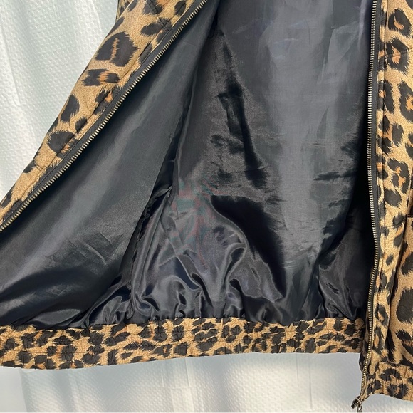 Leopard Print 100% Silk Women’s Puffer Bomber Jacket Oversized Small Y2K - Picture 8 of 10